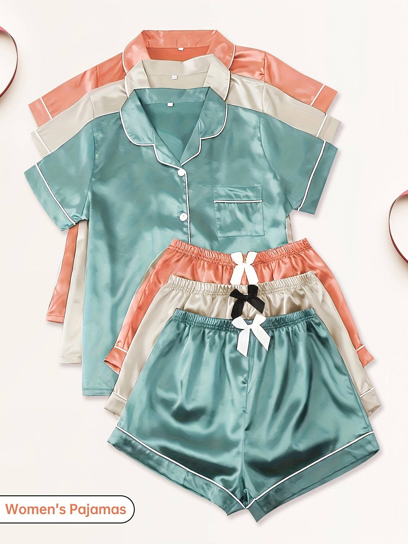 3-Piece Women's Satin Pajama Sets – Short Sleeve Lapel Top & Elastic Waist Shorts, Soft Loungewear Sleepwear Set